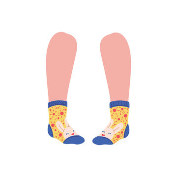 Funny ankle socks with bunny on female or kids feet, flat vector isolated.