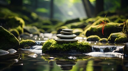 Obraz na płótnie Canvas Pile of Rocks on Moss in Forest River, A Peaceful and Healing Image of Nature for Meditation and Mindfulness
