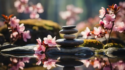 Obraz na płótnie Canvas Stacked rocks surrounded by pink flowers and branches, on water, symbolizing balance and mindfulness, created with Generative AI technology