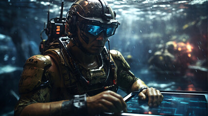 cyborg soldier fighting in underwater in ocean zone using weapon underwater conquer the seas with battleships, warships, and frigates in an epic battle of the oceans - obrazy, fototapety, plakaty
