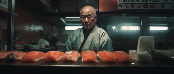 Experienced sushi chef in his restaurant