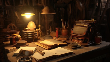 Cozy atmospheric work desk in office of a scientist writer archaeologist historian, with books, artifacts - obrazy, fototapety, plakaty