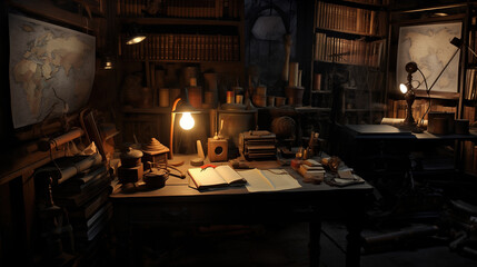 Cozy atmospheric work desk in office of a scientist writer archaeologist historian, with books, artifacts - obrazy, fototapety, plakaty