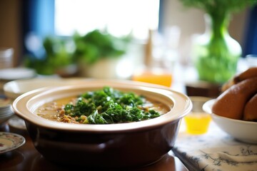 tureen of lentil soup at a family dinner table - obrazy, fototapety, plakaty