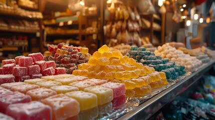 Assortment of colorful jelly candies on display in a shop window