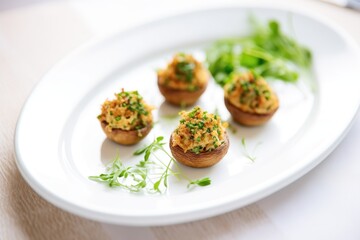 stuffed mushroom caps on white plate, parsley garnish