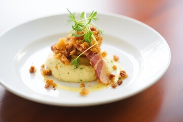 mashed potatoes with crispy bacon bits garnish