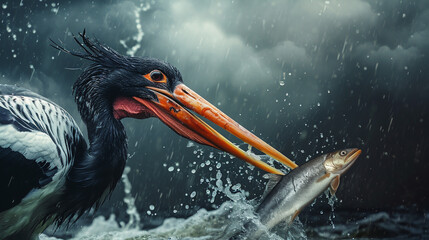 Whale headed stork eats fish - obrazy, fototapety, plakaty