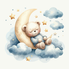 Cute baby teddy bear sleeping on the cloud around moon and stars.