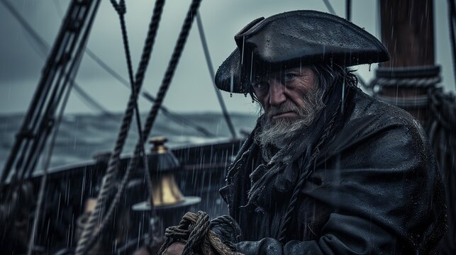 AI-generated illustration of an old pirate on the ship during rain