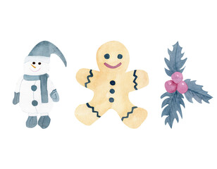 Watercolor hand drawn collection set of Christmas ornaments: The snowman in a hat and scarf, The gingerbread man, mistletoe, isolated on white background