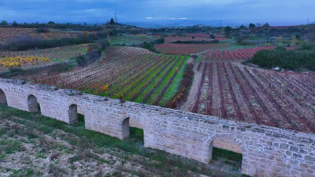 San Andr&eacute;s de Muga aqueduct between vineyards in autumn in Labastida in the province of Alava. Aerial view from a drone. Basque Country, Spain, Europe