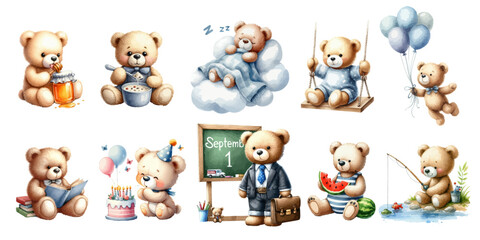 Set of Watercolor cute baby boy bear.
