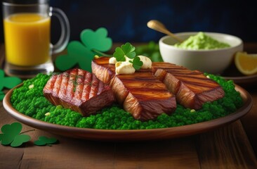 St. Patrick's Day concept. Three fish steaks on the festive table. Decoration made from green clover leaves. Irish tradition.