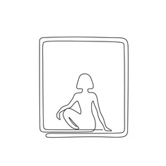 Girl sitting near an open window, continuous line drawing, isolated abstract vector illustration, small tattoo, print and logo design, single line on white background. 