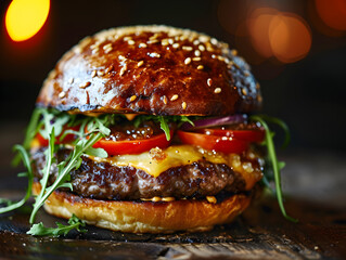 Homemade Tasty Cheese beef burger - American cheese burger with fresh salad, onion and tomato on wooden background