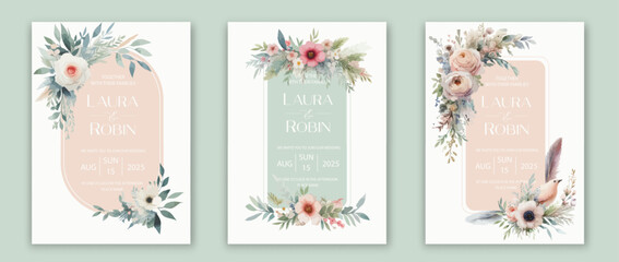 Wedding card template with elegant greenery botanical leaf and branch.