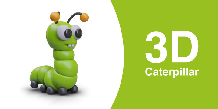Green plasticine caterpillar with two large teeth. Funny insect looks away. Vector children entomology. Stage of butterfly life cycle. 3D larva, side view