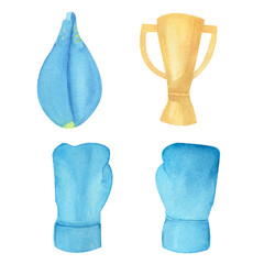 A collection of sports equipment. Watercolor set: boxing gloves, punching bag, winner's cup. Perfect for placards, wall art, stationery, package.
