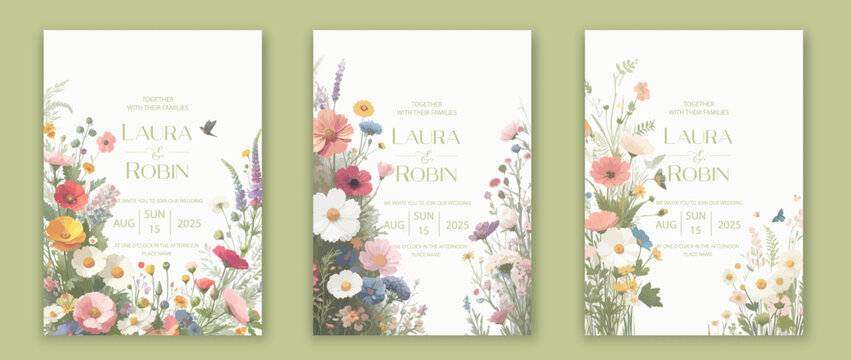 Wedding card template with wild herbs and flowers.