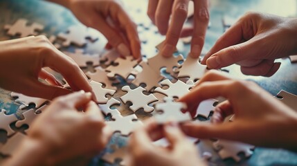 businesspeople assembling the jigsaw puzzle, teamwork, business. 