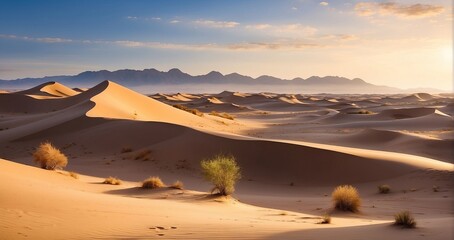Fototapeta na wymiar A scene of elegant desert dunes illuminated gracefully by the first light of sunrise, casting refined shadows on the sands - Generative AI