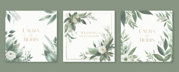 Wedding card template with elegant greenery botanical leaf and branch.