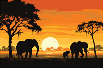 Fototapeta na wymiar Elephant and Landscape Background, African Elephant silhouettes, Elephant in the sunset, Sunset African landscape background
