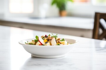 white bowl with pear salad on marble countertop