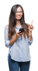 Fototapeta premium Young asian woman texting using smartphone over isolated background surprised with an idea or question pointing finger with happy face, number one