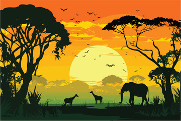 African Elephant silhouettes, Elephant in the sunset, Sunset African landscape background, Elephants silhouette on landscape background