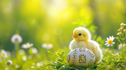 A small yellow chick in the half of an Easter egg on the green grass with spring flowers - Powered by Adobe