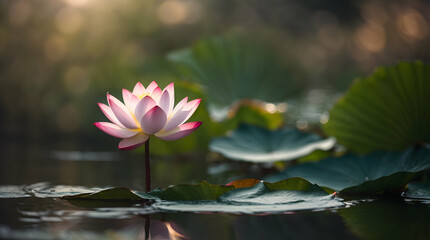 Pink water lilies in bloom, surrounded by lush green leaves, creating a beautiful scene in a serene pond