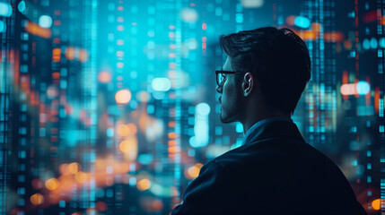 Fototapeta premium Explore the stock market trends with analytical visuals of businessman planning long term investments and future business growth, Navigate towards success with smart strategies.