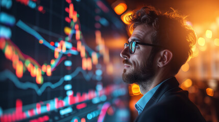 Explore the stock market trends with analytical visuals of businessman planning long term investments and future business growth, Navigate towards success with smart strategies. - obrazy, fototapety, plakaty