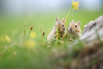 pair of pikas in grass, one calling