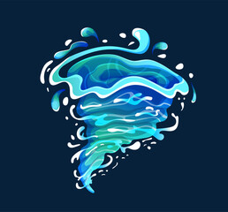 Water whirlpool color vector icon on dark background. Swirling liquid flow with drops. Aqua vortex cartoon illustration for design project