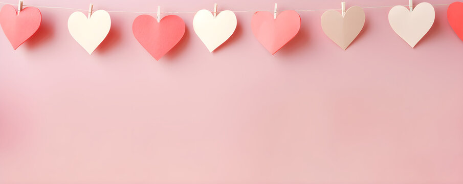A handmade garland of pink paper hearts on a pink background. Valentine's Day, birthday, wedding, anniversary, party concept banner with copy space. Children's paper crafts with parents.