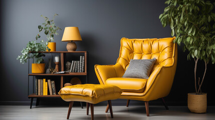 Picture a cozy reading nook in a contemporary home, where a yellow leather chair is paired with a functional table against a solid mockup wall. 