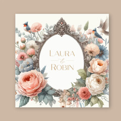 Wedding card template with elegant greenery botanical leaf, flowers and branch.