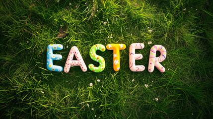 Colourful letters forming the word "EASTER" on a grass background