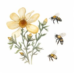 Naklejka premium Aquarell eines Bienenschwarms um eine blühende gelbe Blume Illustration