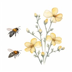 Aquarell eines Bienenschwarms um eine blühende gelbe Blume Illustration