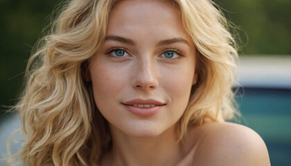 Fototapeta premium Young Blonde Woman with Freckles and Wavy Hair - Graceful Headshot with Smile and Elegant Makeup