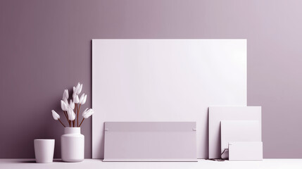 Image for presentation. Sheets of large Whatman paper for design on the wall. Identity, brand book, corporate style development. Geometric objects, glasses, delicate flowers. Pink tone, minimalism.