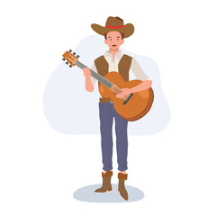 Full-Length Cartoon Cowboy Playing Guitar in Western Style. Flat vector cartoon character illustration.