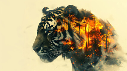 Double exposure of a tiger head and a burning forest fire