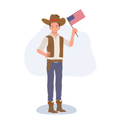 Patriotic Wild West Character Design. Full-Length Flat Cartoon Cowboy with American Flag