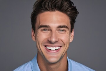 Fototapeta premium Portrait beautiful young model man with white teeth smile on grey background. Generative AI