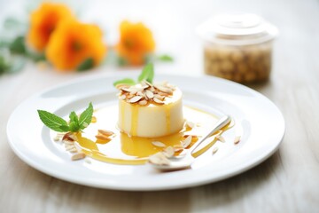 Obraz na płótnie Canvas almond pudding with slivered almonds, honey drizzle